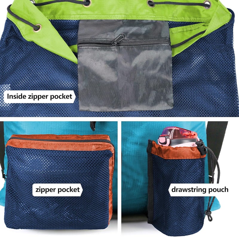 BeeGreen Gym Bags for Men Women Mesh Drawstring Backpack for Swim Sports Workout Gear Gifts for Swimmers Beach Pool Wrestling Backpack Cinch Bag With 3 Pockets Green Blue - Image 3